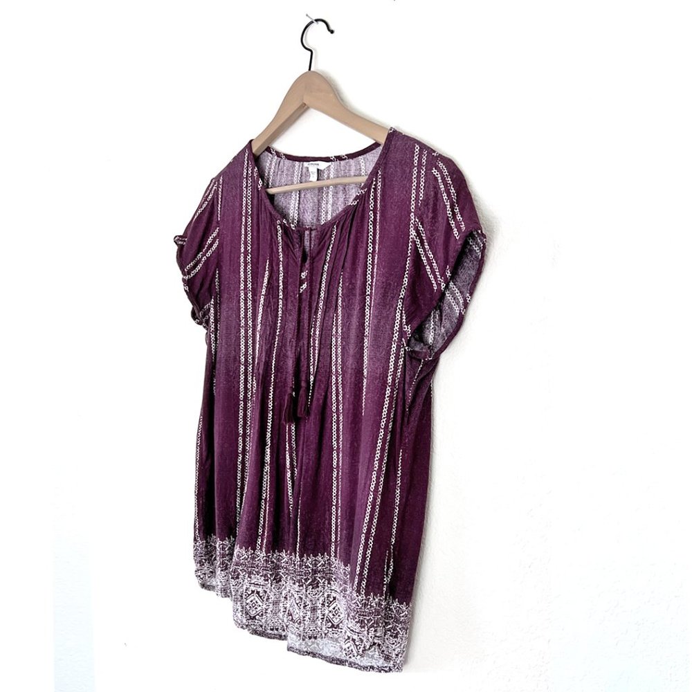 Sonoma Purple Boho Print Tie Front Shirt, Size Large